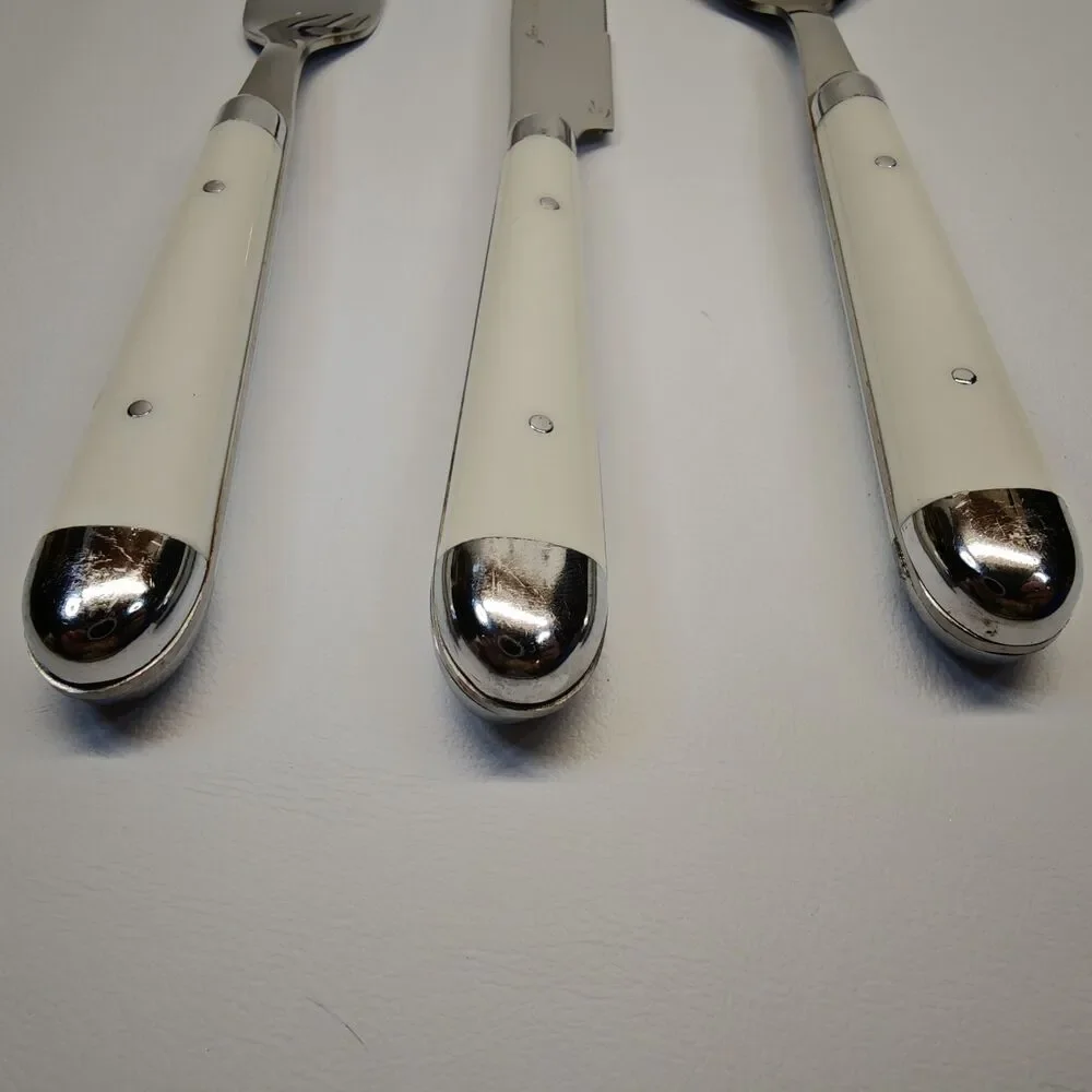 Jean Dubost Pantry White Stainless Flatware Place Setting Fork Knife Spoon Set